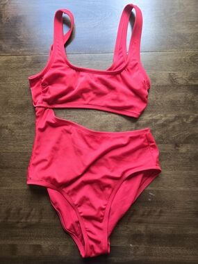 Kona Sol One Shoulder Cutout One Piece Swimsuit Red Ribbed Size Small